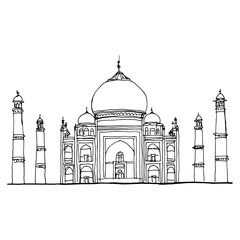Taj Mahal. Indian marble mausoleum of Mughal emperor Shah Jahan and his wife Mumtaz Mahal in Agra. Historical medieval monument. Hand drawn linear sketch. Black silhouette on white background.