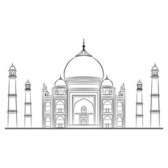 Taj Mahal. Indian marble mausoleum of Mughal emperor Shah Jahan and his wife Mumtaz Mahal in Agra. Historical medieval monument. Black and white linear silhouette.