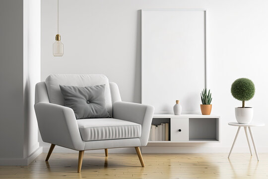 Interior poster mockup living room with armchair soda on vacant peach white wall background,. Generative AI