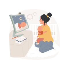 Sleep training isolated cartoon vector illustration. Young mother watching how-to sleep training video, taking online course, kids bedtime problem, learn to put baby to bed vector cartoon.