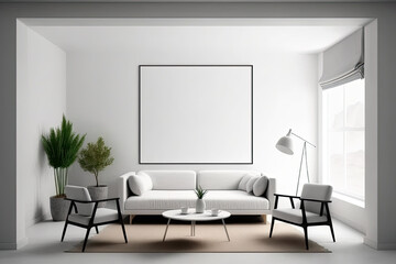 Front view of bright studio room with empty white poster, sofa, armchairs, dining table, white wall, coffee table, carpet, panoramic window, concrete floor. Minimalist. Generative AI