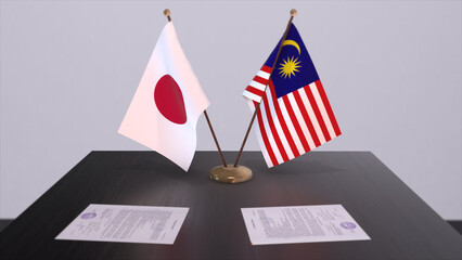 Malaysia and Japan national flags, political deal, diplomatic meeting. Politics and business 3D illustration