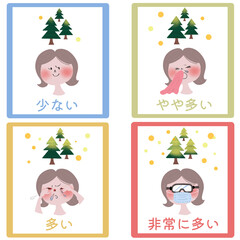 花粉症のアレルギー症状の四段階を若い女性とスギ・ヒノキの花粉飛散で表したイラスト