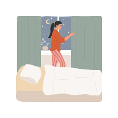 Block the ligh isolated cartoon vector illustration. Woman putting dark curtains in her room, preparing for bedtime and blocking light, sleep hygiene, end of physical activity vector cartoon.