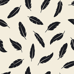 Vector Seamless Pattern with Different Black Fluffy Feather Silhouettes on White Background. Design Template of Flamingo, Angel, Bird Feathers for Wall Paper, Textile. Lightness, Freedom Concept