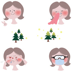 花粉症のアレルギー症状の四段階を若い女性とスギ・ヒノキの花粉飛散で表したイラスト