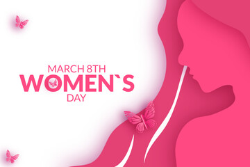 Happy Women's day beautiful papercut butterfly pink banner, Women's Day Vector Illustration Concept. Paper Cutout Girl Face on pink background