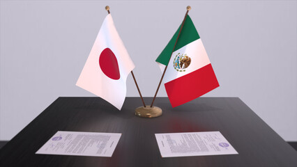 Mexico and Japan national flags, political deal, diplomatic meeting. Politics and business 3D illustration
