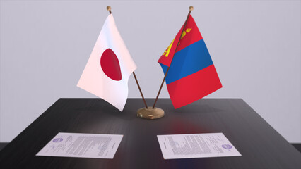 Mongolia and Japan national flags, political deal, diplomatic meeting. Politics and business 3D illustration