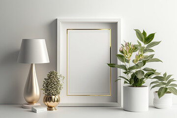 Empty template. frame on white shelf.decorative flower pot.loft concept.mockup. Copy text space. Generative AI
