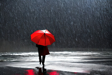 Man walk on quiet street with a red umbrella, silent and raining night, AI generative