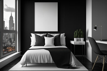 Mockup canvas in black-and-white bedroom with bed, pillows, and linens. Dark walls, city view, no people. Generative AI