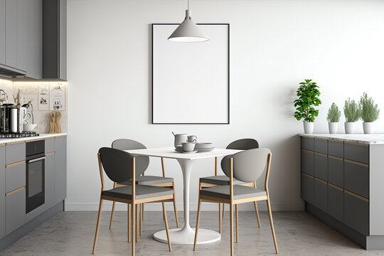 Kitchen corner with a table, four gray chairs, and a poster on a light gray wall. Generative AI