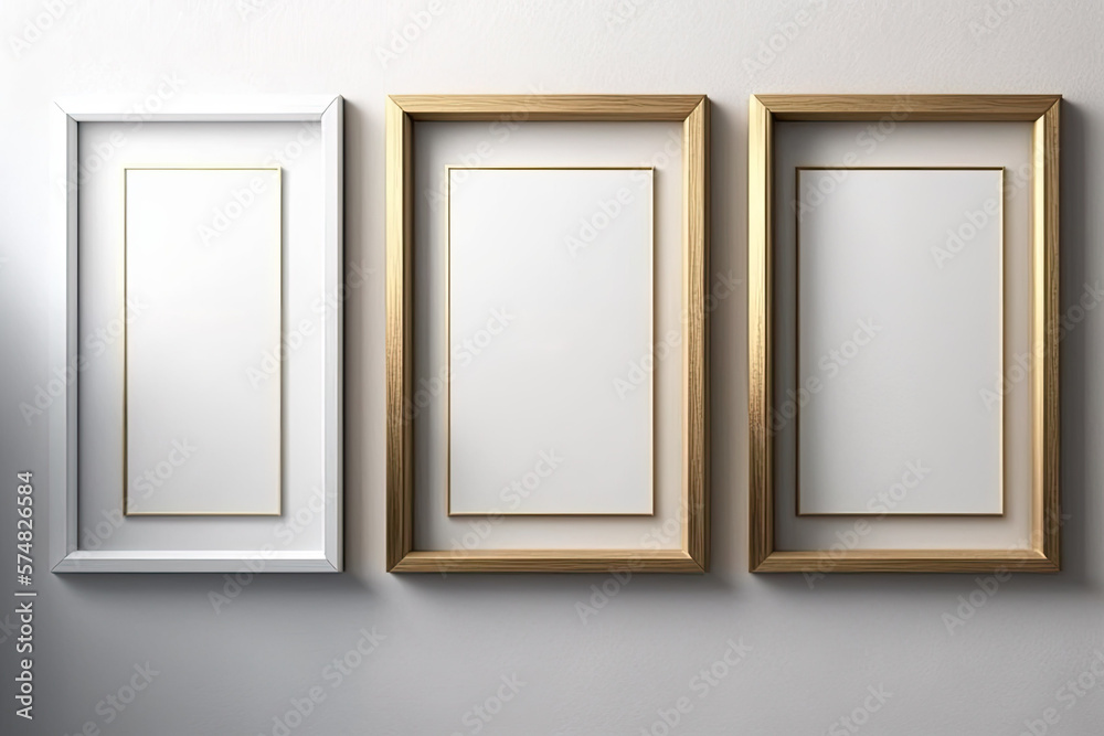 Sticker Rectangular Wooden Frame Mockup on White Wall. Poster. Simple, modern frame. Vacant Text or product indoors. Home mockup frame. Generative AI