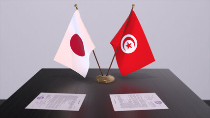 Tunisia and Japan national flags, political deal, diplomatic meeting. Politics and business 3D illustration