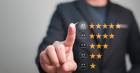 customer satisfaction, businessman point out 5 stars score for giving an opinion that he is...