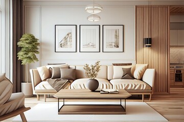 Fototapeta na wymiar Modern interior design of apartment, living room with beige sofa over the white wall. Wooden accent coffee table. Home interior. generative AI