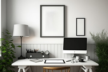 White frame above desk. Text-and-image poster template. Generative AI