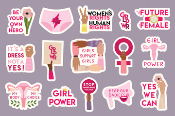 Set of female movement feminist stickers, short quotes. Girl power lettering. Woman empowerment, fight for gender equality, feminism, sisterhood concept. Hand drawn vector illustration. - obrazy, fototapety, plakaty