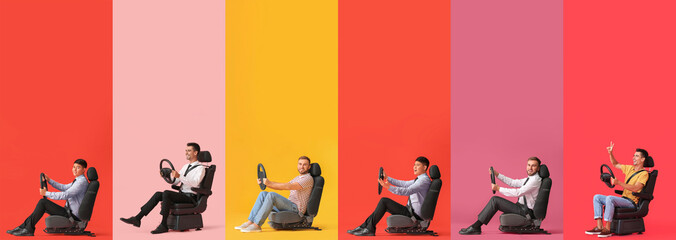 Set of men with steering wheels sitting on car seats against color background