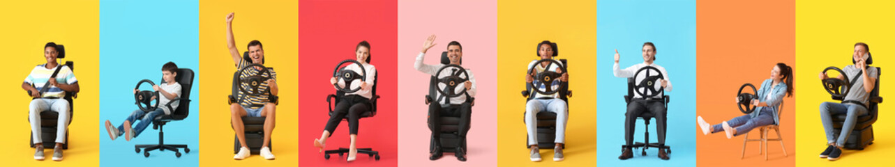 Set of people with steering wheels sitting on chairs and car seats against color background