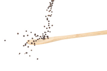 Black Pepper seeds fall down pour on wooden spoon, Black Pepper float explode, abstract cloud fly....