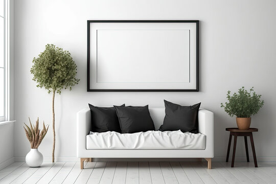 Blank artwork frame mockup on white room wall. Generative AI