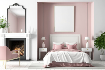 Fototapeta na wymiar Interior of a pink bedroom with a white bed, a square poster bed, and a fancy fireplace with a mirror over it. simulated toned image. Generative AI