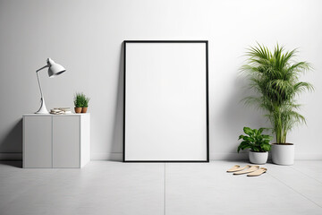 Mockup of a blank poster in a white studio with a canvas and a frame. Generative AI