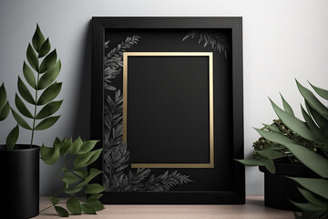 Black wooden frame for print mockup, luxury home decor, interior design, poster, and downloadable art. Generative AI