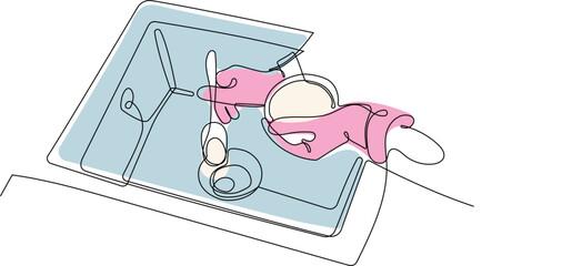 Continuous one line drawing of hand doing chores with disinfectant spray and microfiber cloth at home concept of disinfection. Easy to place your text and brand logo. Vector illustration