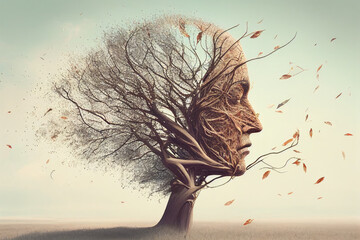 Abstract alzheimer dementia nature tree branch, loss of memory and mental abilities concept with light sky background. Generative AI