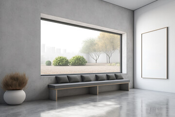 Interior of a bright-gray concrete gallery with a panoramic window and a bench with an empty mock-up for your advertisement. mockup. Generative AI