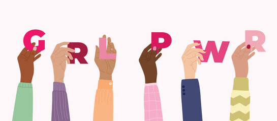 Girl power horizontal poster. Female hands hold world grl pwr. Woman empowerment, girl power, fight for gender equality, feminism, sisterhood concept. Hand drawn vector illustration.