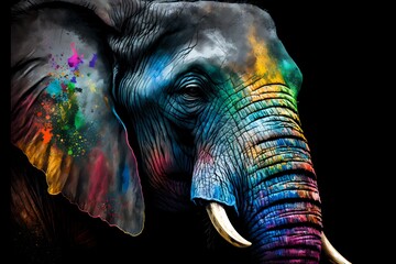 Portrait face of an elephant with colorful paint. Generative AI
