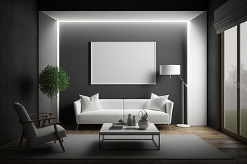 View of the front of a dark living room with two empty white posters, a large window, a couch, a TV, and a wooden floor. minimalist design principle. creative thought a mockup. Generative AI