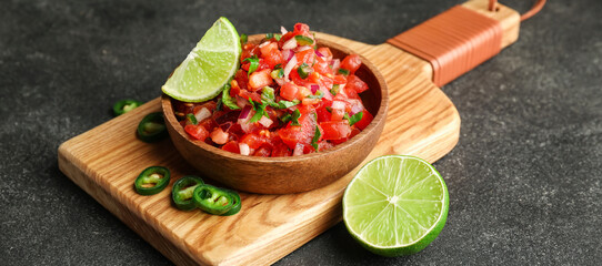 Plate of tasty Pico de Gallo salsa on dark background
