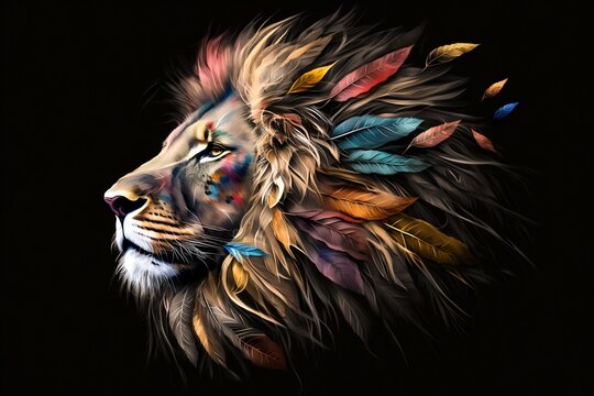 Lion portrait with color paint and feathers on black background. Generative AI