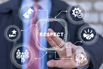 Businessman using virtual touch screen presses text button: RESPECT. Business concept of respect and trust. Give and get respect. - obrazy, fototapety, plakaty