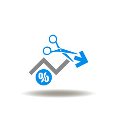 Vector illustration of scissors cut growing graph and percent sign. Icon of inflation reduction. Symbol of reduce costs, fees and taxes.