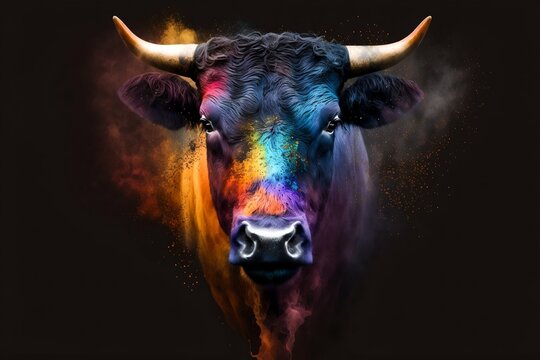 Portrait face of bull with colorful paint. Generative AI