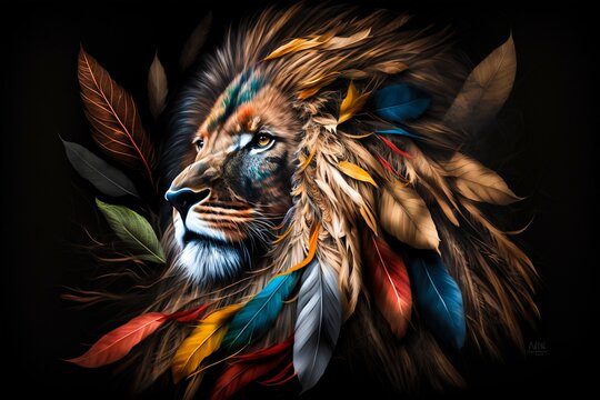 Lion portrait with color paint and feathers on black background. Generative AI