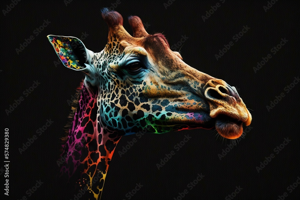 Wall mural Portrait face of giraffe with colorful paint. Generative AI