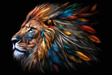 Lion portrait with color paint and feathers on black background. Generative AI - obrazy, fototapety, plakaty