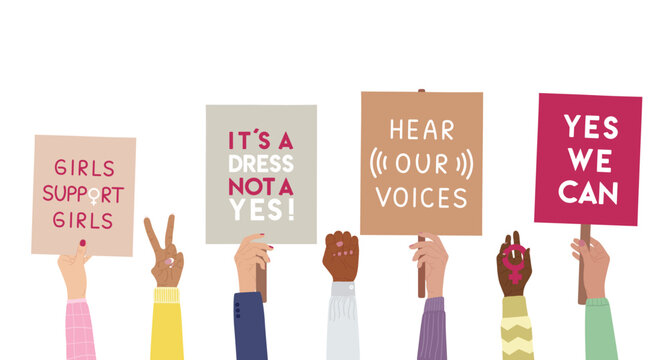 Feminist strike. Hands of diverse woman hold banners with woman empowerment short quotes. Female protest, fight for gender equality, feminism, sisterhood concept. Hand drawn vector illustration.