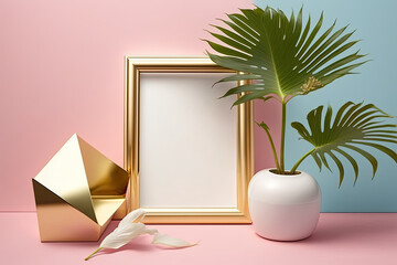 Contemporary home decor mockup with gold blank photo frame, vase, and tropical plant on pink blue background. Generative AI