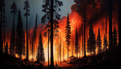 Raging inferno forest fire destroying nature, natural, mother nature, arson, criminal, illustration, Generative AI
