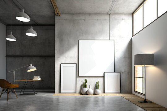 a minimalist loft model with concrete walls and empty picture frames. Generative AI