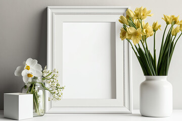 Blank portrait frame mockup with flowers on a white shelf. Generative AI