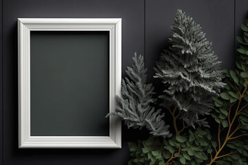 White frame and branch spruce mock up a dark grey wooden wall. Generative AI